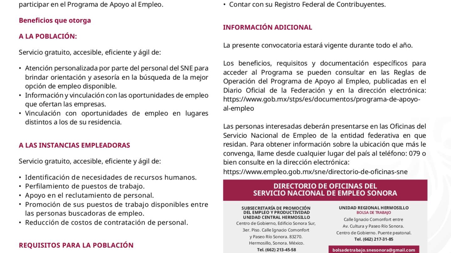 La Secretaría del Trabajo y Previsión Social y el Gobierno del Estado de Sonora convocan a participar en Programa de Apoyo al Empleo